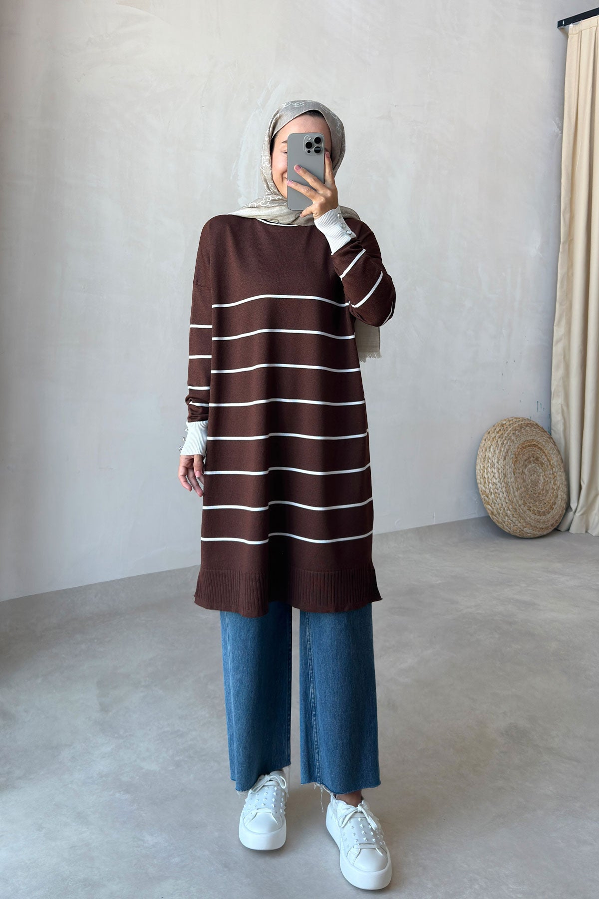 Bicycle Collar Striped Mercerized Tunic - Brown