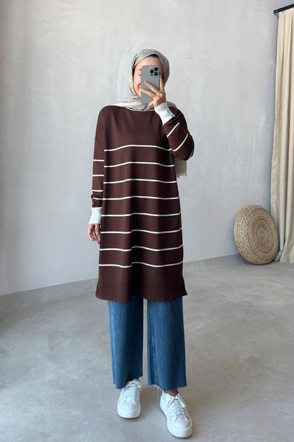 Bicycle Collar Striped Mercerized Tunic - Brown