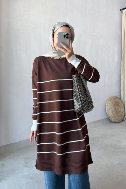 Bicycle Collar Striped Mercerized Tunic - Brown