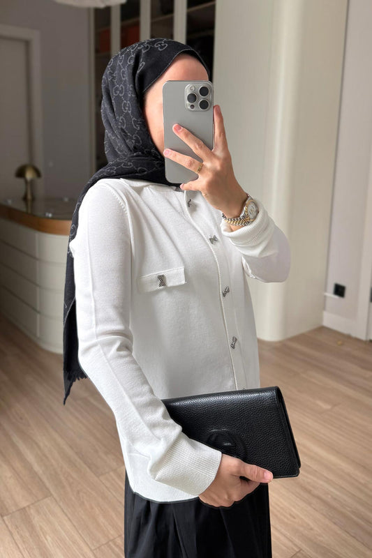 Brooch Detail Mercerized Cardigan - White