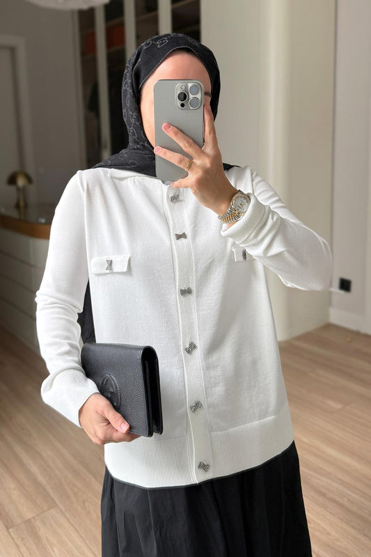 Brooch Detail Mercerized Cardigan - White