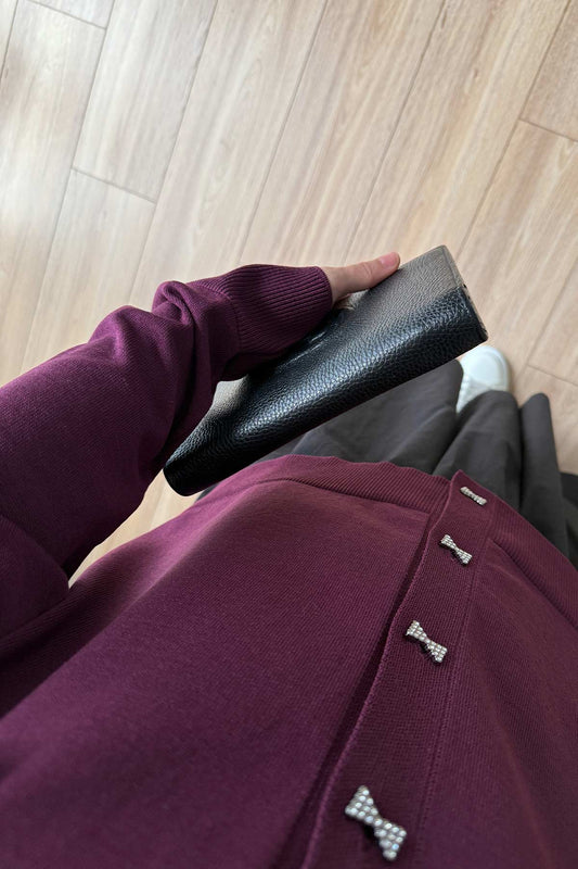 Brooch Detail Mercerized Cardigan - Plum