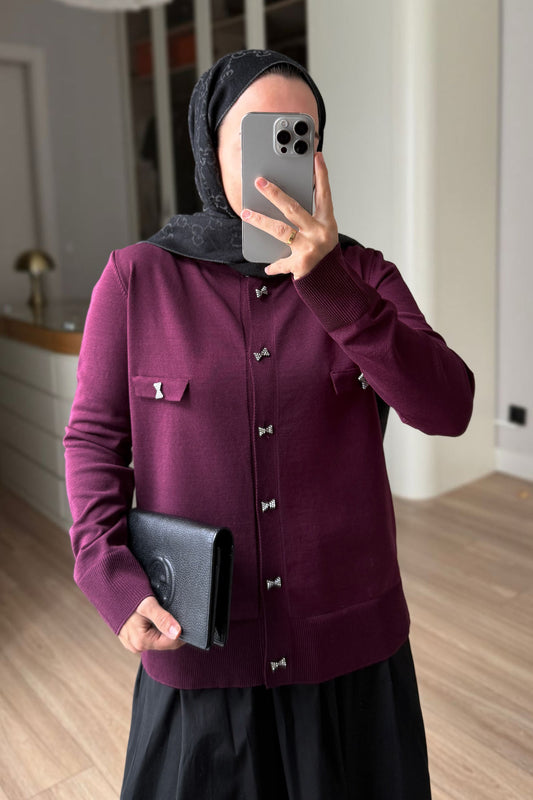 Brooch Detail Mercerized Cardigan - Plum