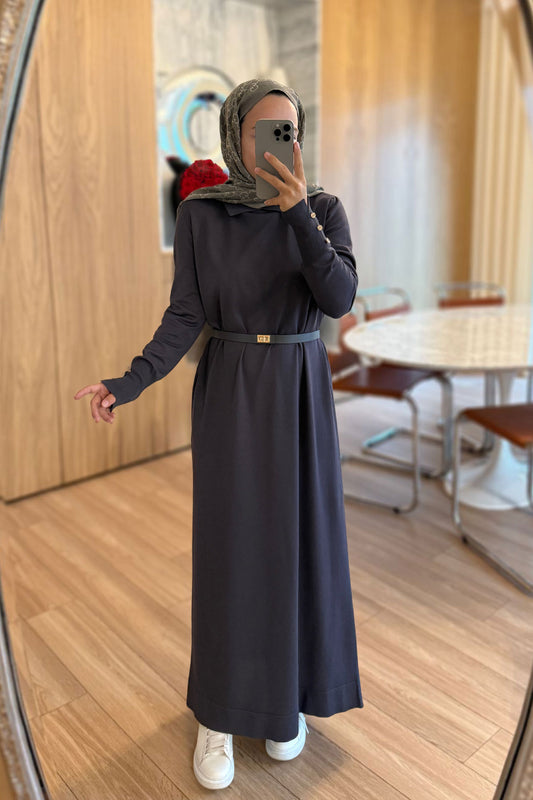 Belted Shirt Collar Mercerized Dress - Smoked Colored