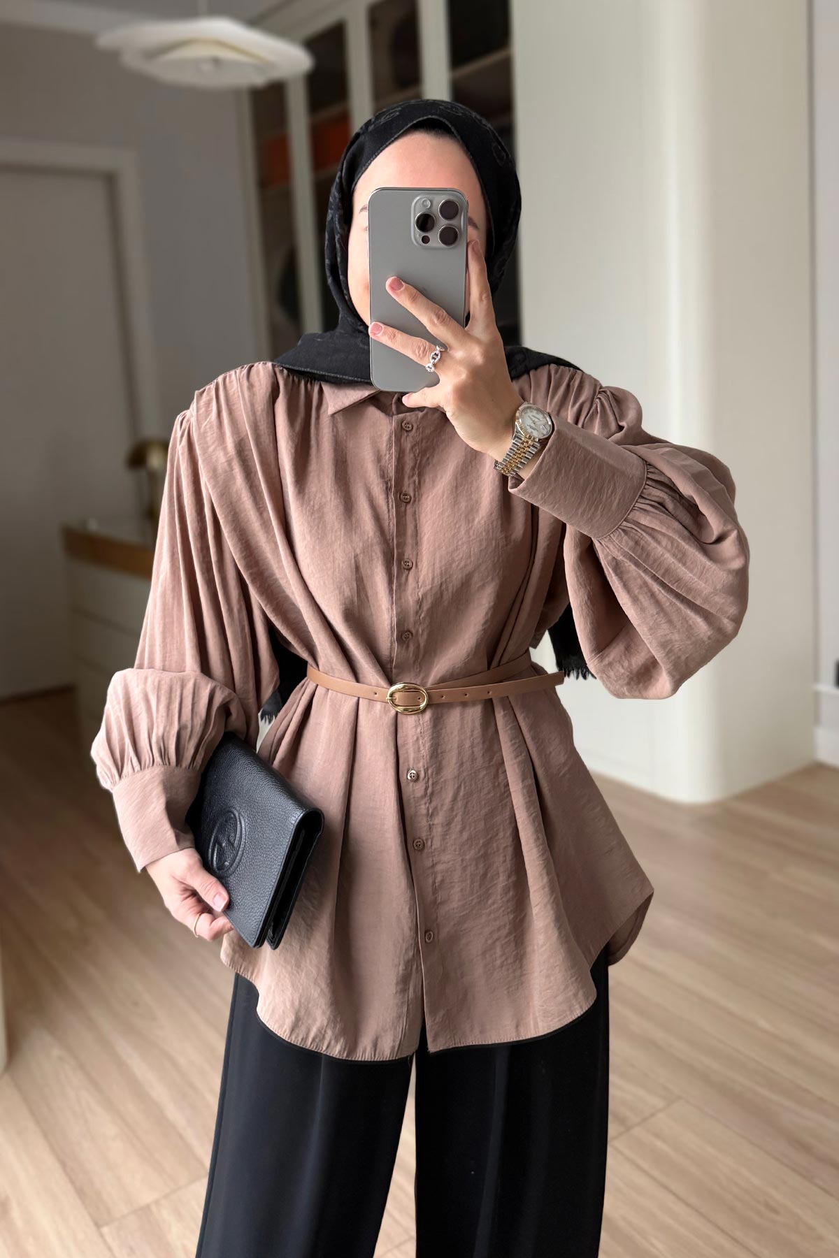 Belted Padded Shirt - Camel