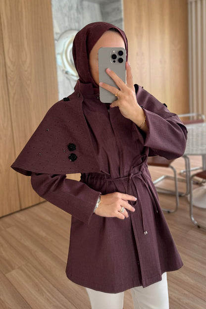 Rose Detailed Shoulder Cape Trench Coat - Burgundy