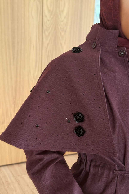 Rose Detailed Shoulder Cape Trench Coat - Burgundy