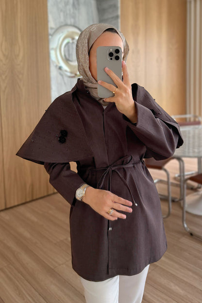 Rose Detailed Shoulder Cape Trench Coat - Brown