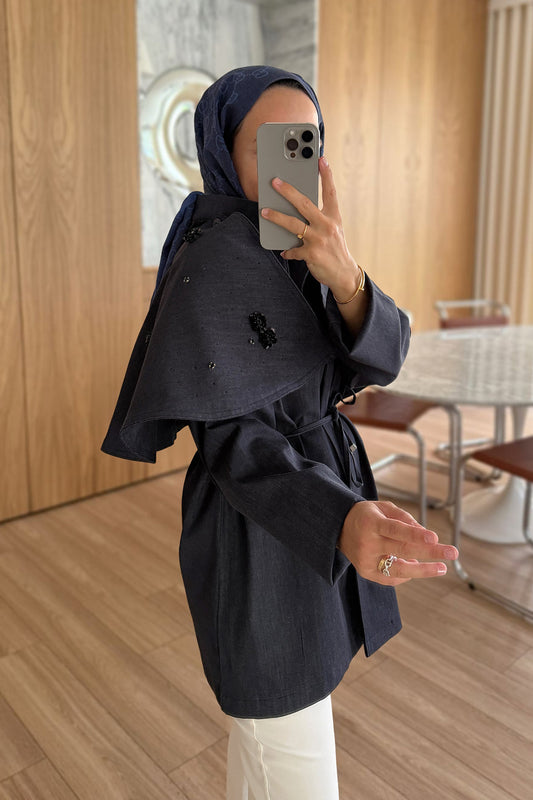 Rose Detailed Shoulder Cape Trench Coat - Navy Blue