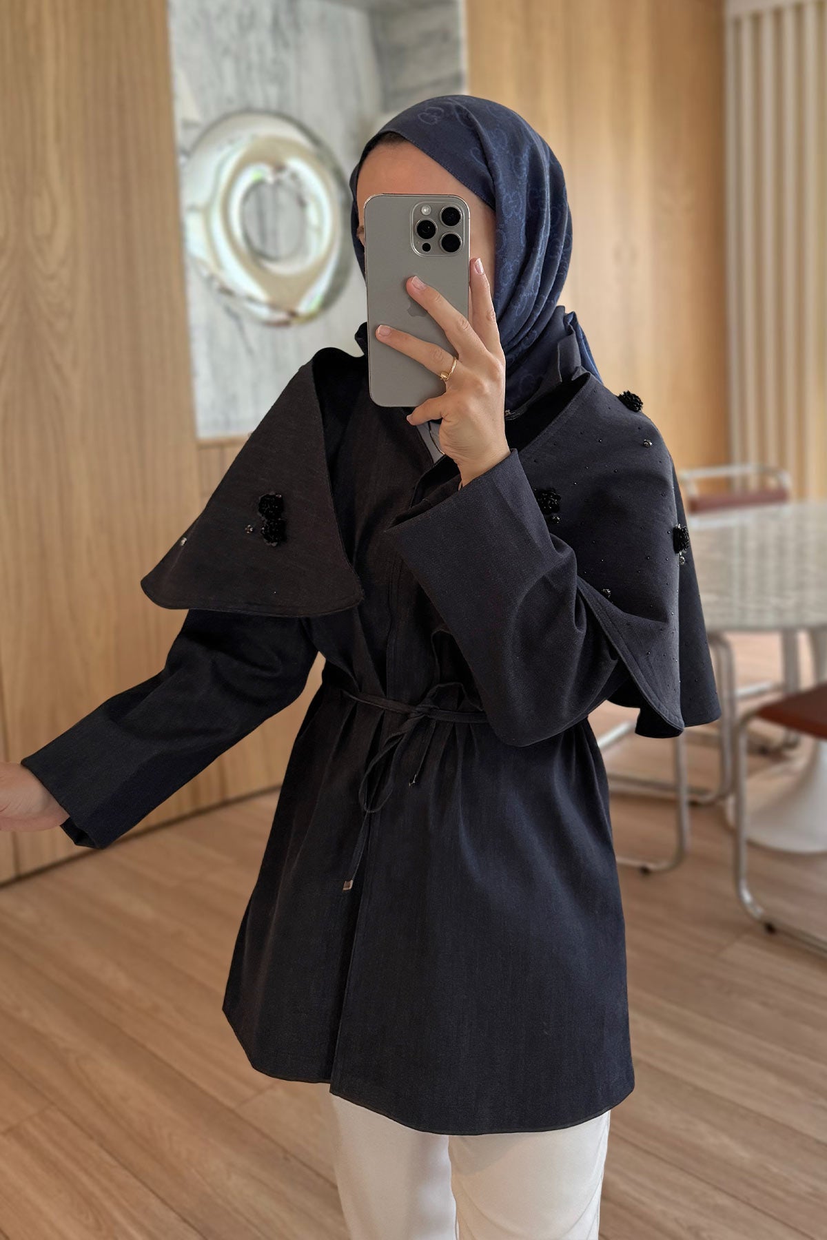 Rose Detailed Shoulder Cape Trench Coat - Navy Blue