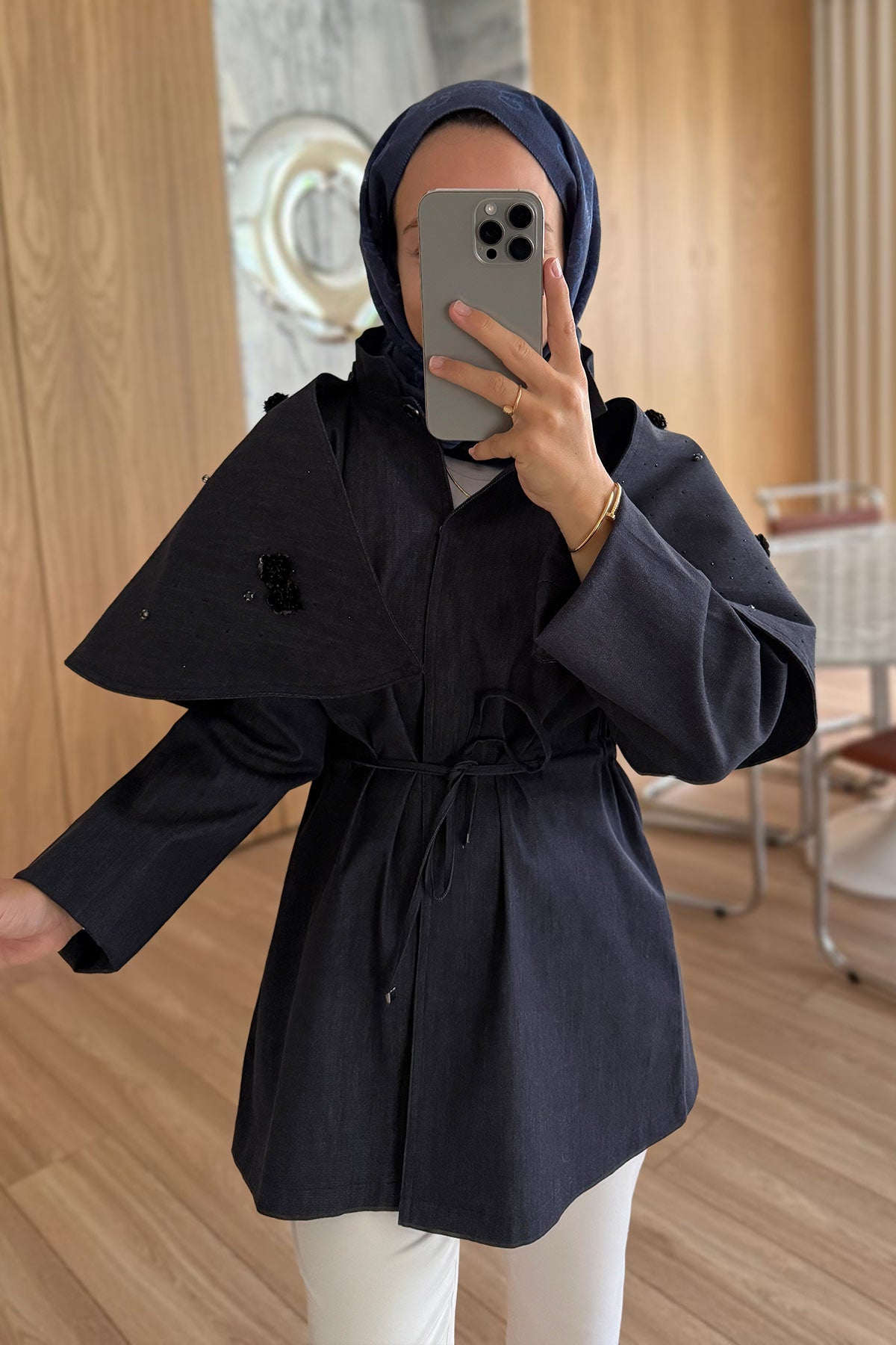 Rose Detailed Shoulder Cape Trench Coat - Navy Blue