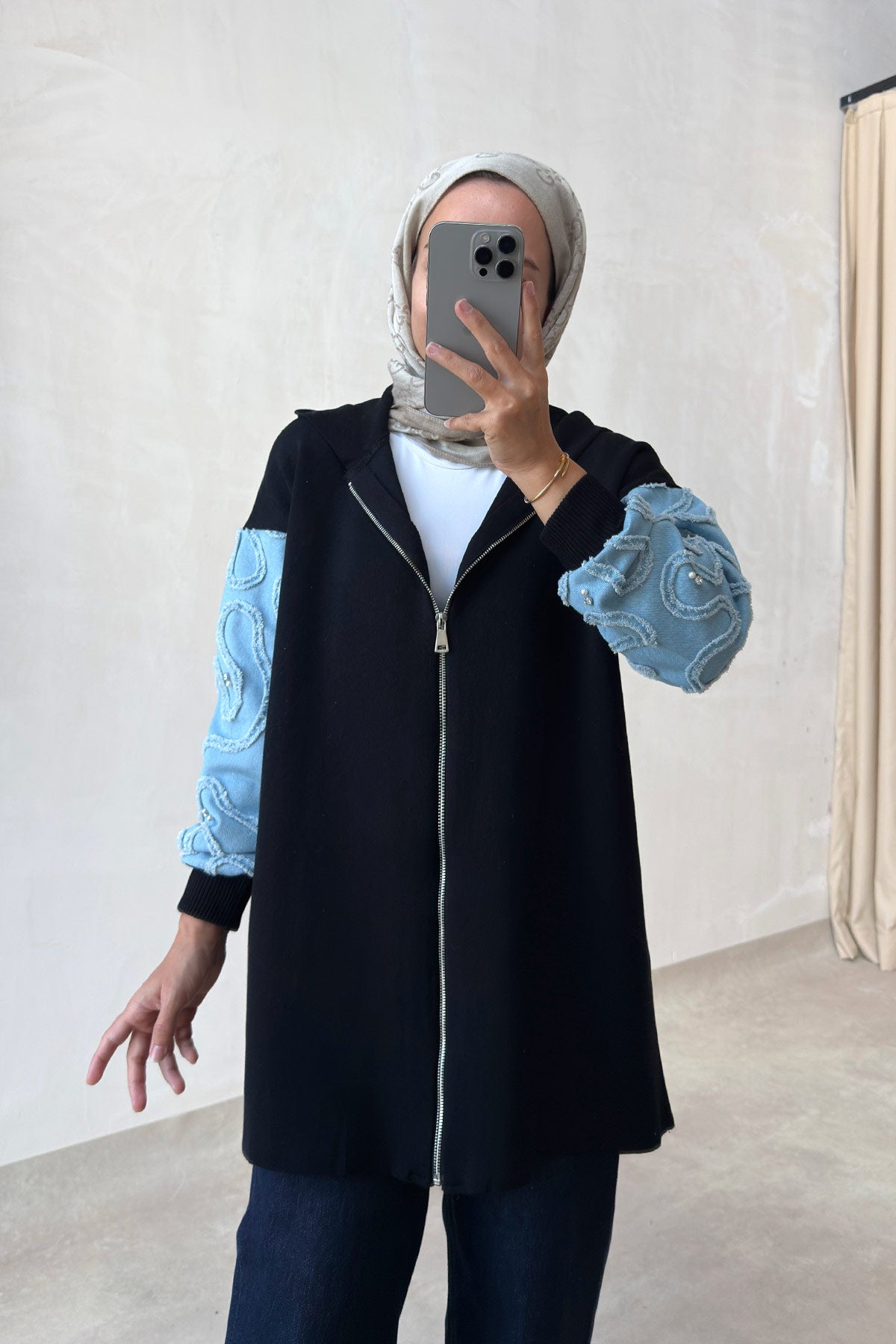 Knitwear Cardigan with Denim Detail - Black