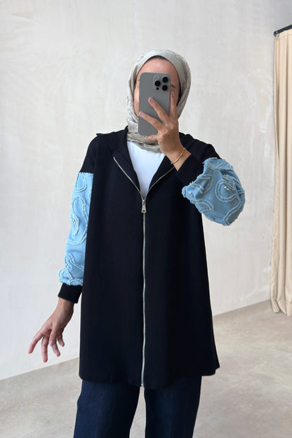 Knitwear Cardigan with Denim Detail - Black