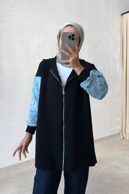 Knitwear Cardigan with Denim Detail - Black