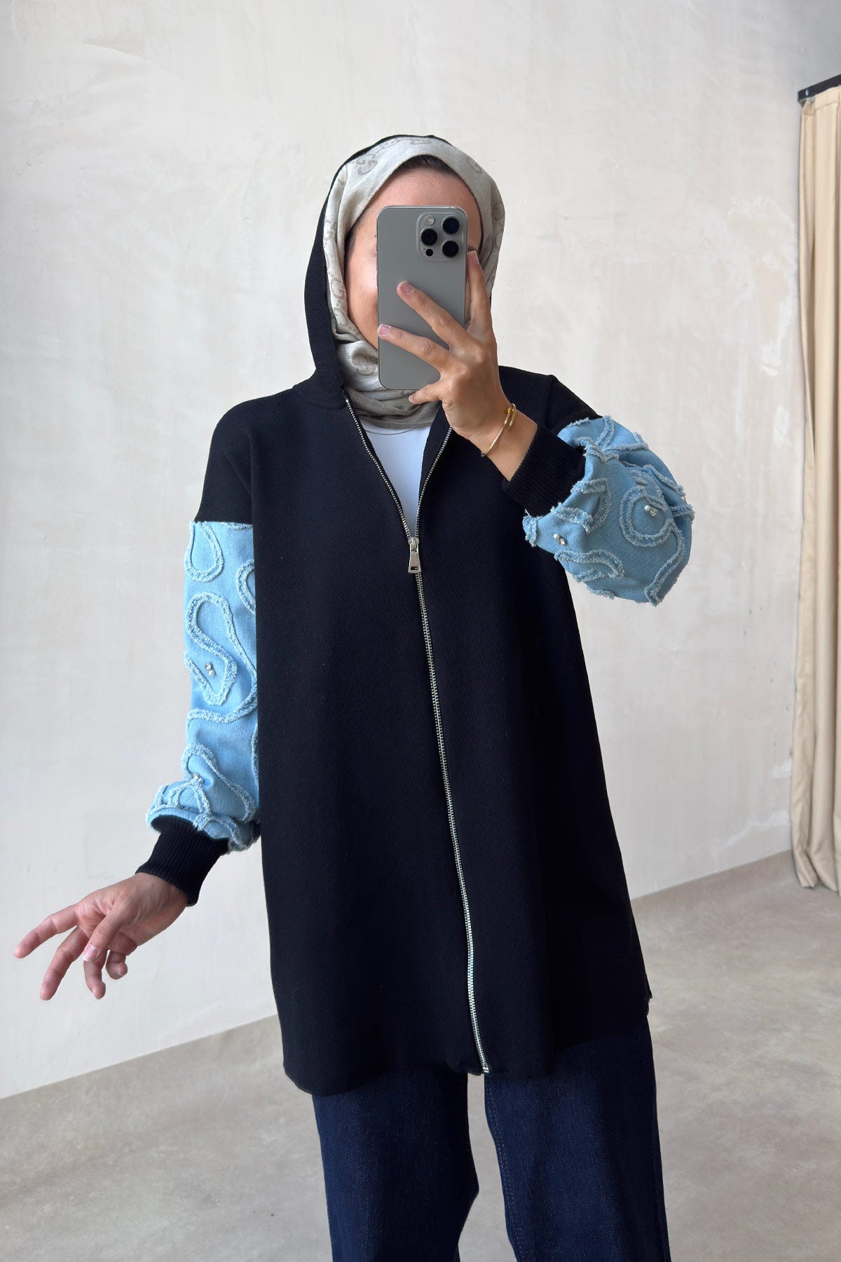 Knitwear Cardigan with Denim Detail - Black