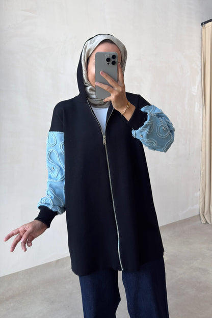 Knitwear Cardigan with Denim Detail - Black