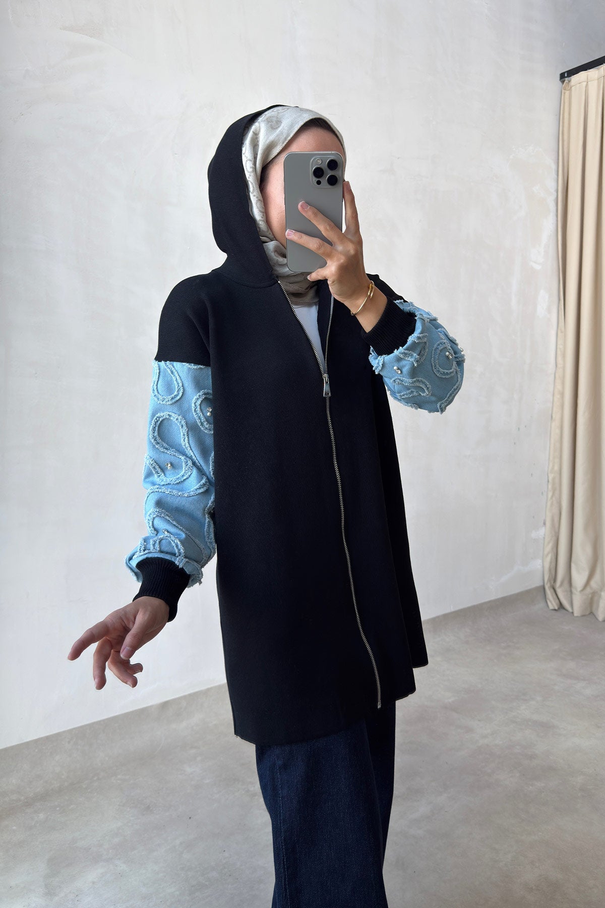 Knitwear Cardigan with Denim Detail - Black
