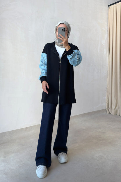 Knitwear Cardigan with Denim Detail - Black