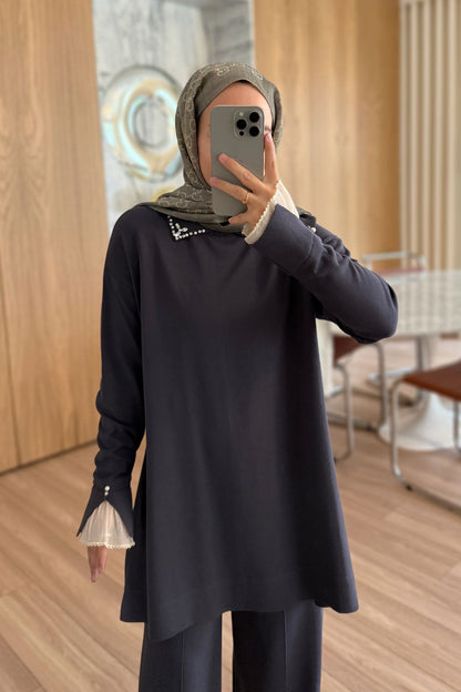 Mercerized Suit with Tulle Sleeves - Smoke Grey