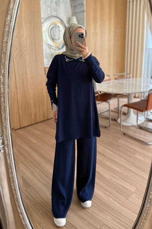 Mercerized Suit with Tulle Sleeves - Navy Blue