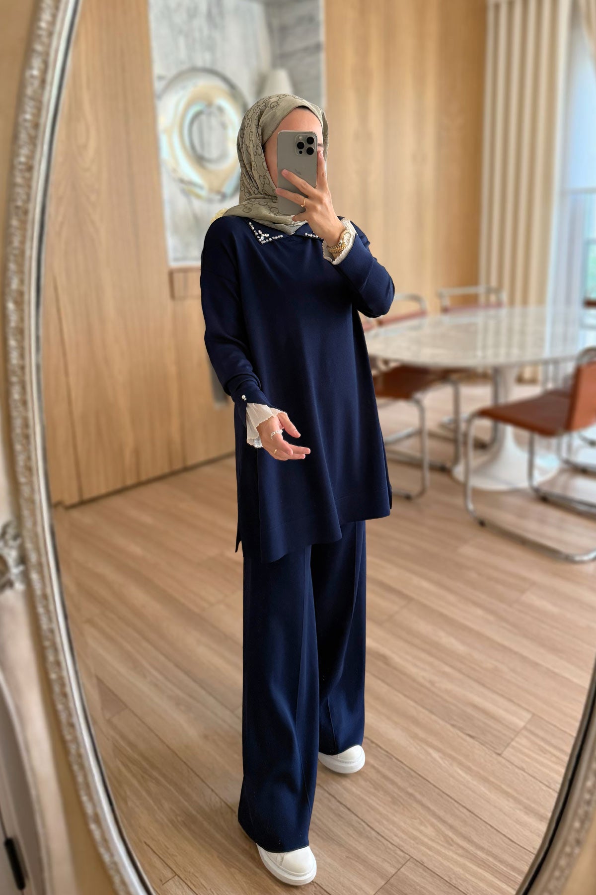 Mercerized Suit with Tulle Sleeves - Navy Blue