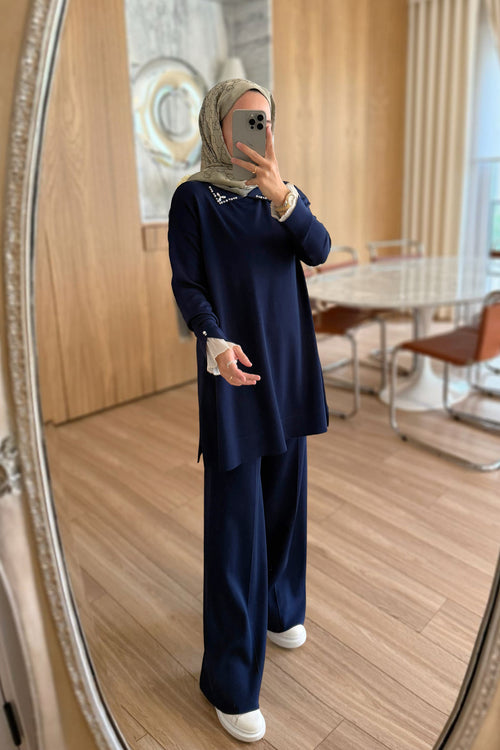 Mercerized Suit with Tulle Sleeves - Navy Blue
