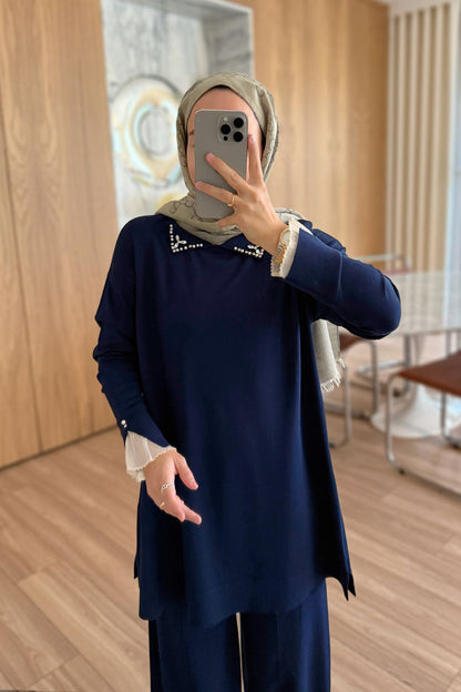 Mercerized Suit with Tulle Sleeves - Navy Blue