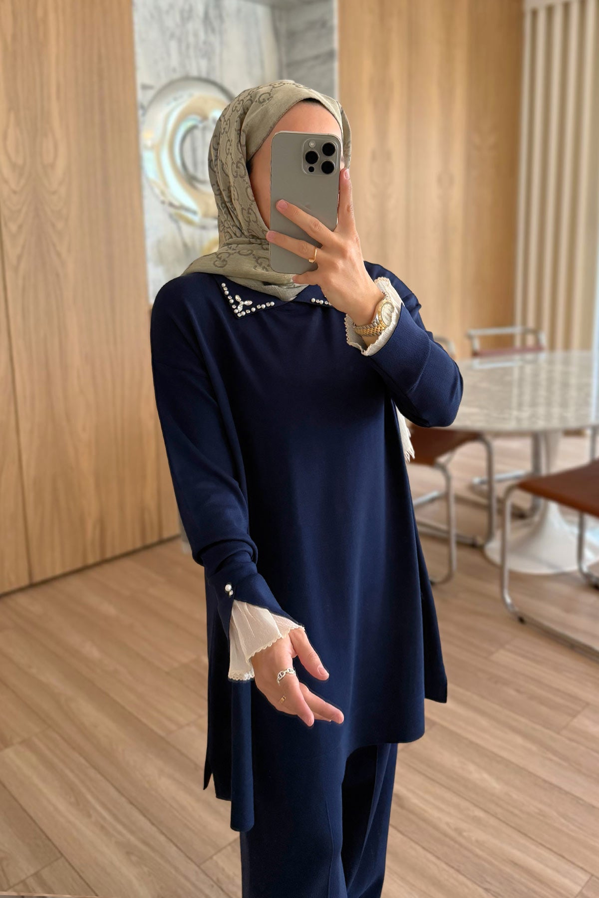 Mercerized Suit with Tulle Sleeves - Navy Blue