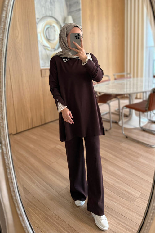 Mercerized Suit with Tulle Sleeves - Brown