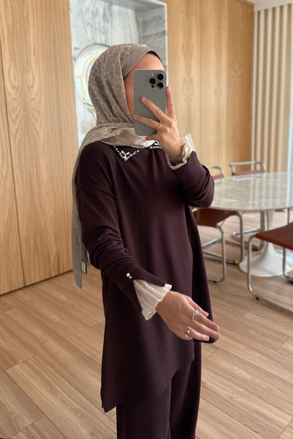 Mercerized Suit with Tulle Sleeves - Brown