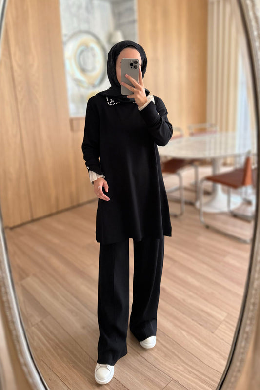 Mercerized Suit with Tulle Sleeves - Black