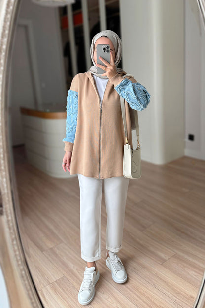 Knitwear Cardigan with Denim Detail - Camel