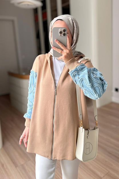 Knitwear Cardigan with Denim Detail - Camel