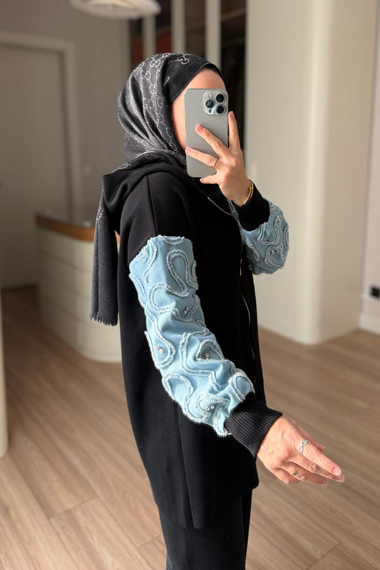 Knitwear Cardigan with Denim Detail - Black