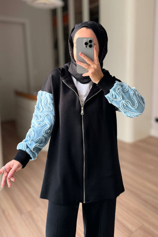 Knitwear Cardigan with Denim Detail - Black