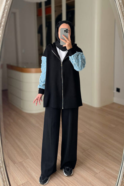 Knitwear Cardigan with Denim Detail - Black