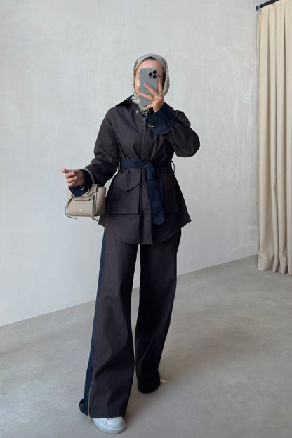 Two-Piece Denim Suit with Contrast Trim - Brown