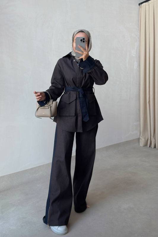 Two-Piece Denim Suit with Contrast Trim - Brown