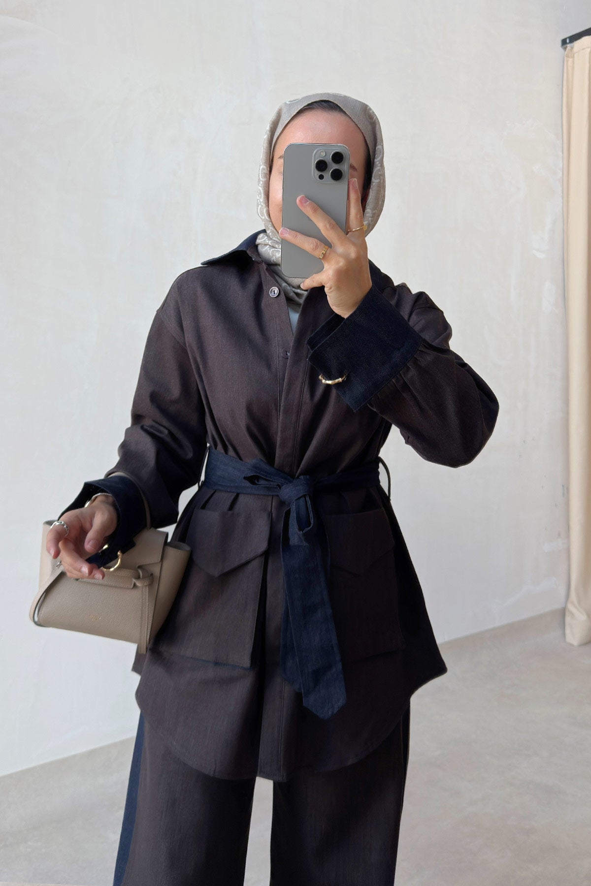 Two-Piece Denim Suit with Contrast Trim - Brown