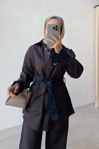 Two-Piece Denim Suit with Contrast Trim - Brown