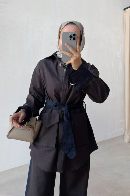 Two-Piece Denim Suit with Contrast Trim - Brown