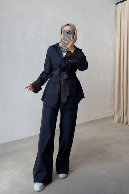 Two-Piece Denim Suit with Contrast Trim - Navy