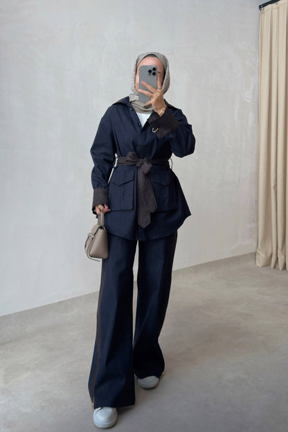 Two-Piece Denim Suit with Contrast Trim - Navy