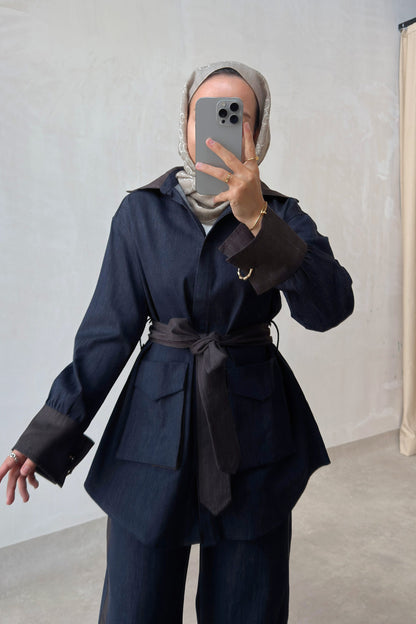 Two-Piece Denim Suit with Contrast Trim - Navy