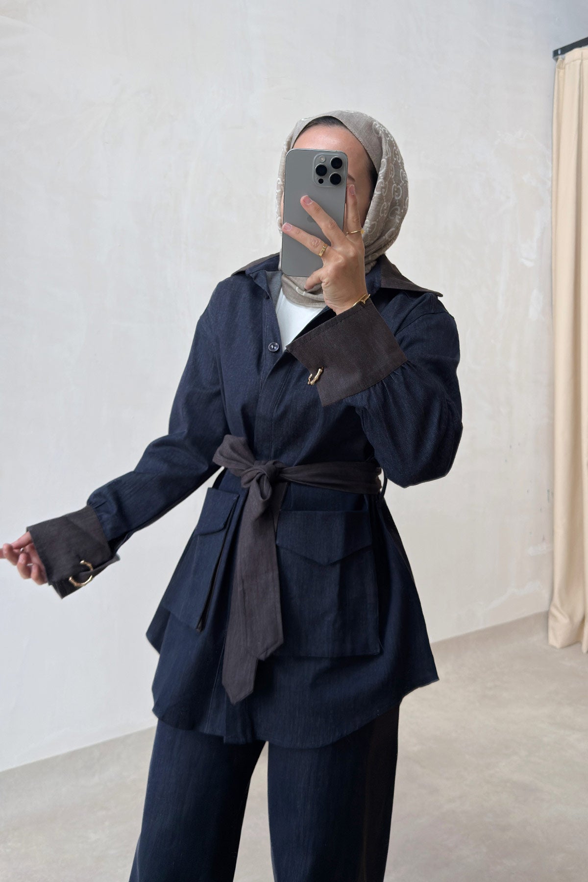 Two-Piece Denim Suit with Contrast Trim - Navy