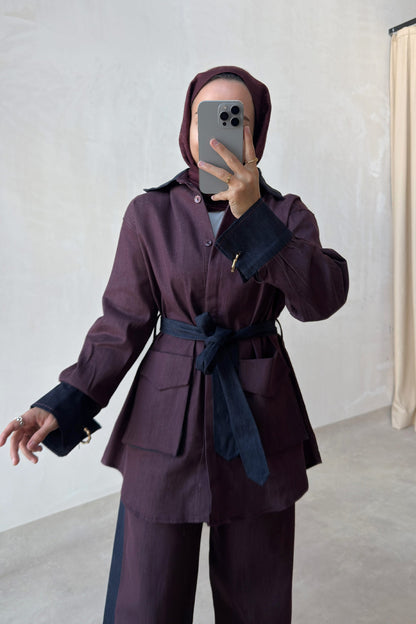 Two-Piece Denim Suit with Contrast Trim - Burgundy