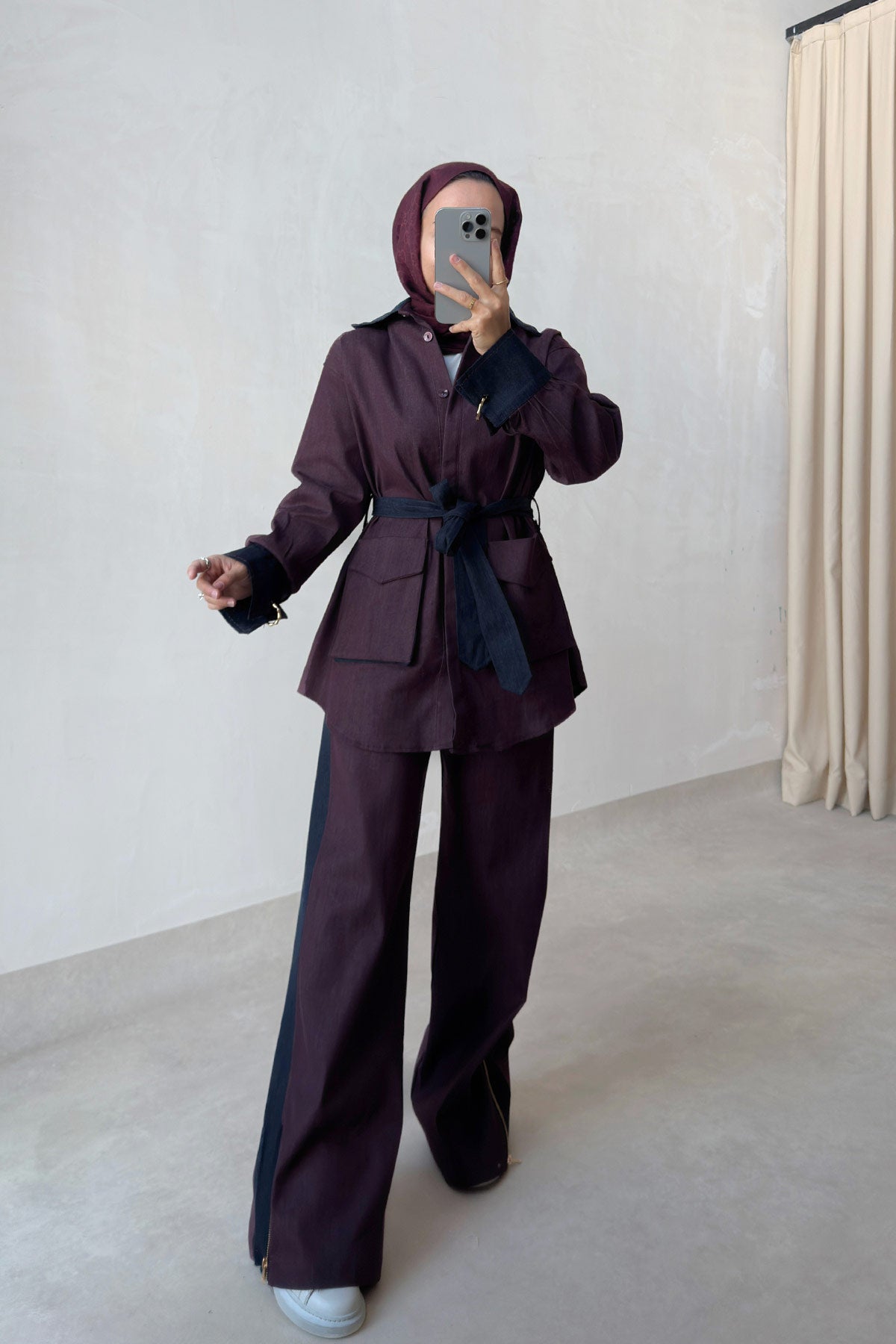 Two-Piece Denim Suit with Contrast Trim - Burgundy