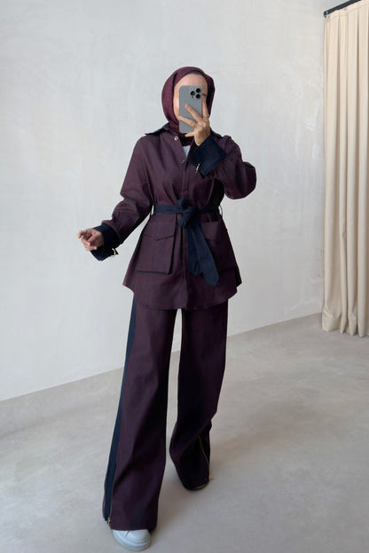 Two-Piece Denim Suit with Contrast Trim - Burgundy