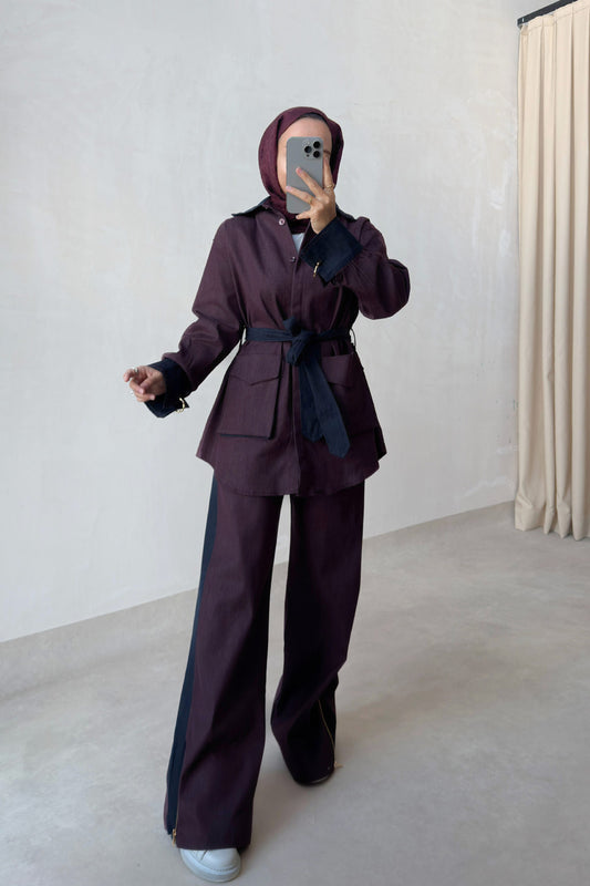 Two-Piece Denim Suit with Contrast Trim - Burgundy
