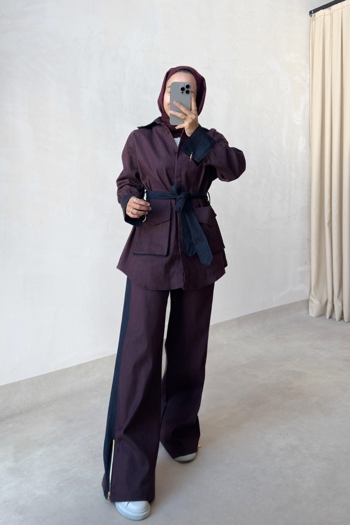 Two-Piece Denim Suit with Contrast Trim - Burgundy
